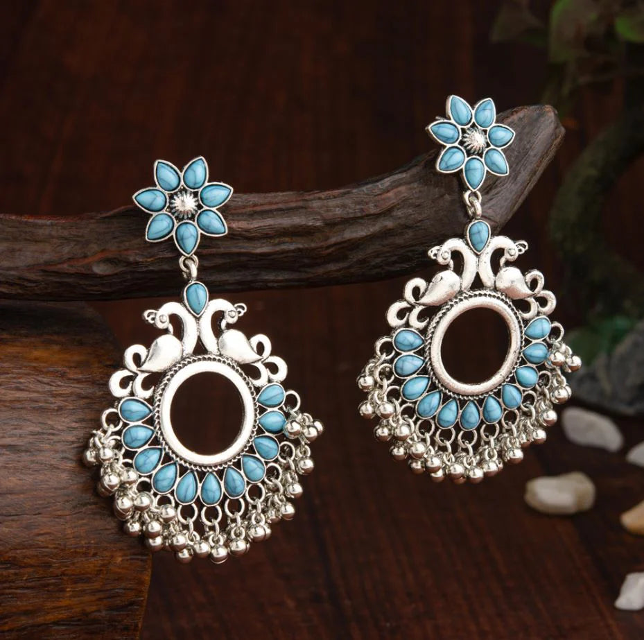 Plumvera World Oxidised Silver Peacock Kundan Jhumka Earrings