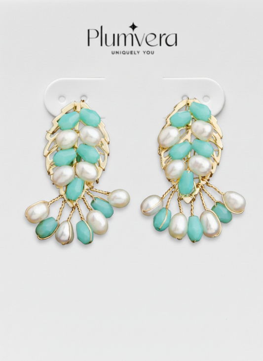 Plumvera Gold Plated Freshwater Pearls Leaf Shaped Earrings