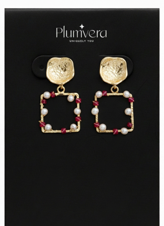 Plumvera Gold Plated Geometric Freshwater Pearl Earrings