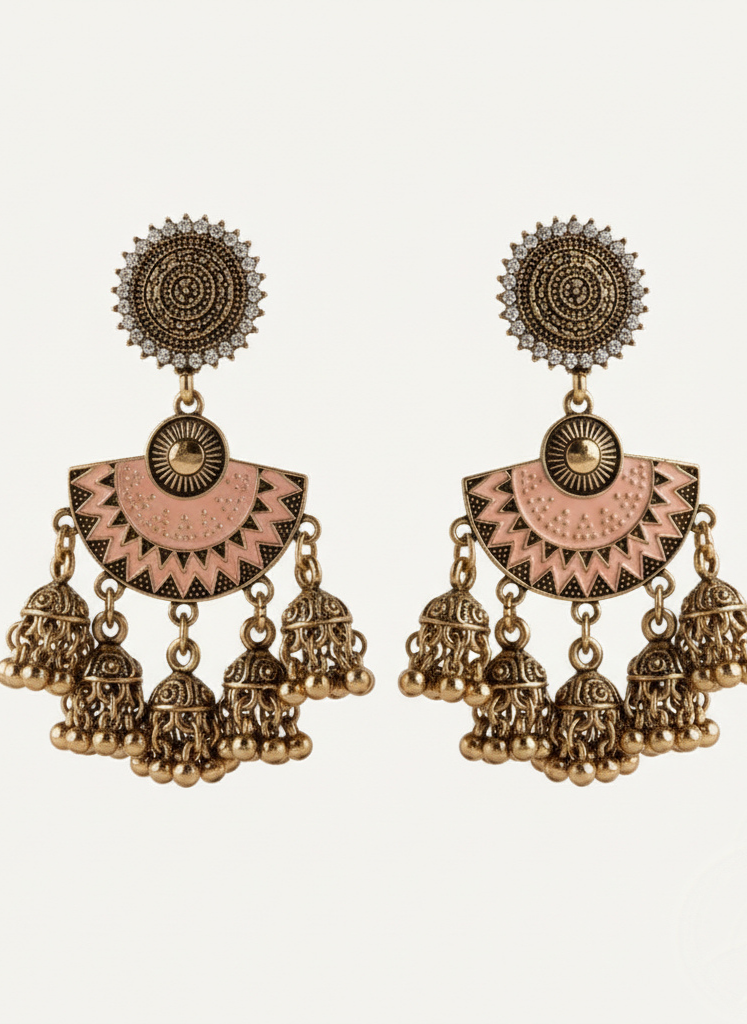 Plumvera World’s Floral Stone with Enamel Artwork Fashion Antique Jhumki Earrings In Peach