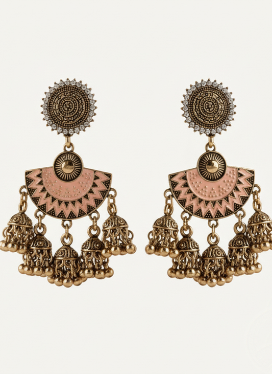 Plumvera World’s Floral Stone with Enamel Artwork Fashion Antique Jhumki Earrings In Peach
