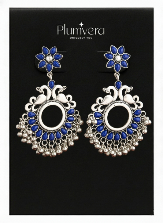 Plumvera’s Antique Oxidised Silver Peacock Jhumka Earrings