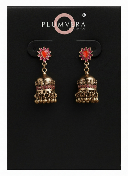 Plumvera Fashion’s Floral Dual Colored Enamel Artwork Jhumki Earrings