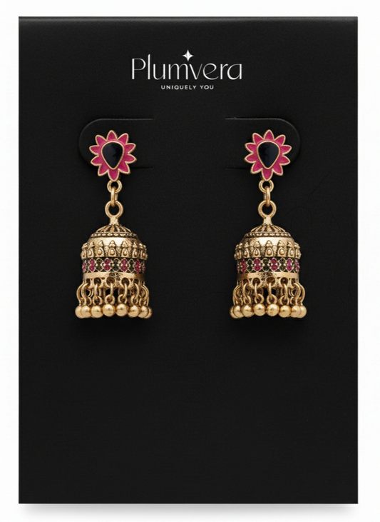 Plumvera’s Floral Design Dual-Colored Enamel Artwork Jhumki Earrings