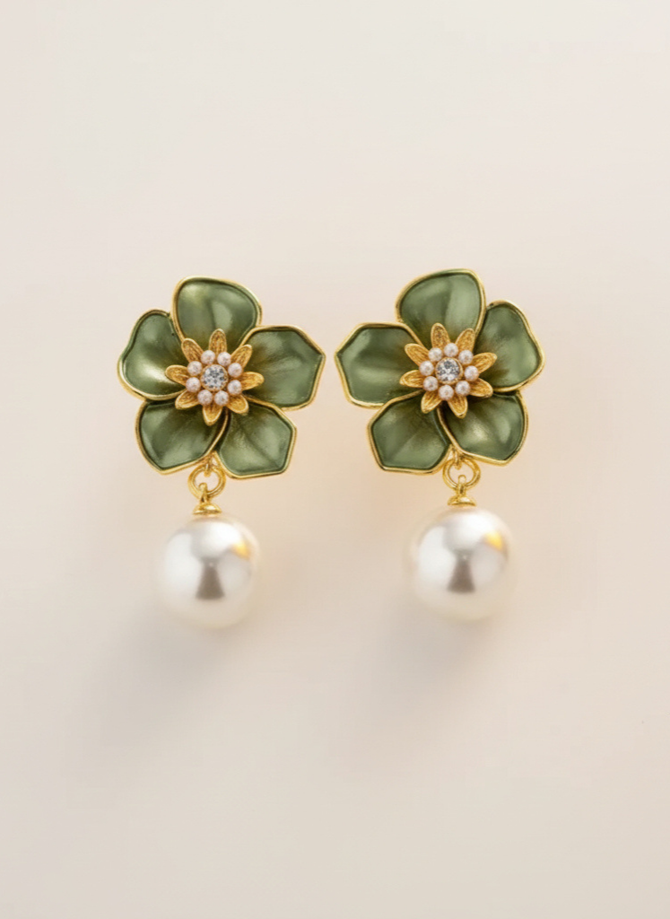 Plumvera World Emerald Petal Pearl Earrings