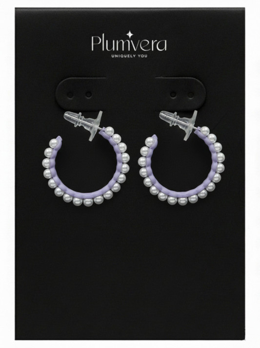 Plumvera Korean Purple & White Pearl Hoops Earring