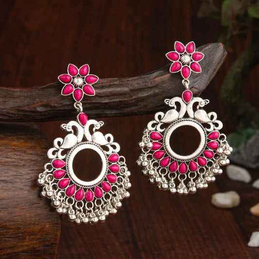 Plumvera World’s Oxidised Silver Plated Floral Peacock Kundan Studded Earrings