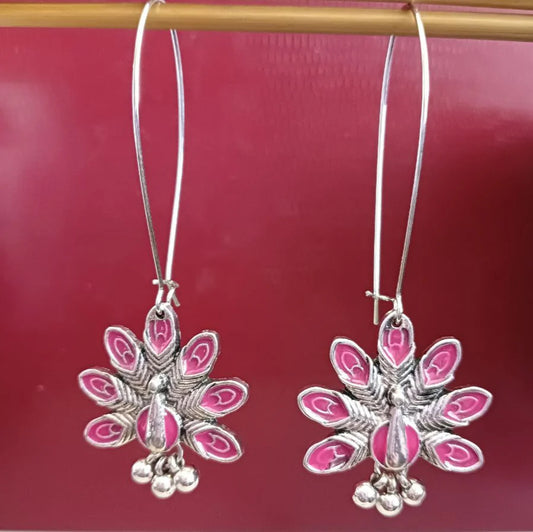 Hanging Peacock Enamel Artwork Antique Earrings In Silver & Pink