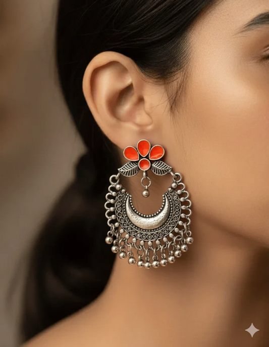 Plumvera World Silver-Plated Floral Enamel Chandbali Earrings