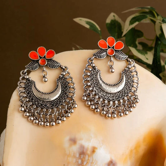 Plumvera World Silver-Plated Floral Enamel Chandbali Earrings