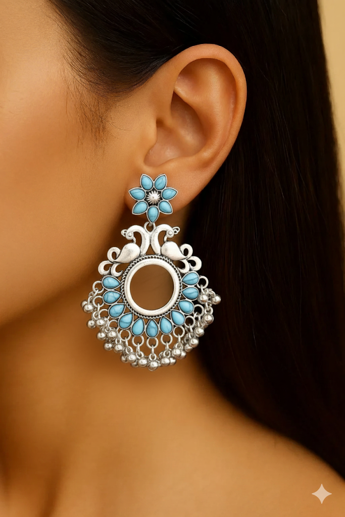 Plumvera World Oxidised Silver Peacock Kundan Jhumka Earrings
