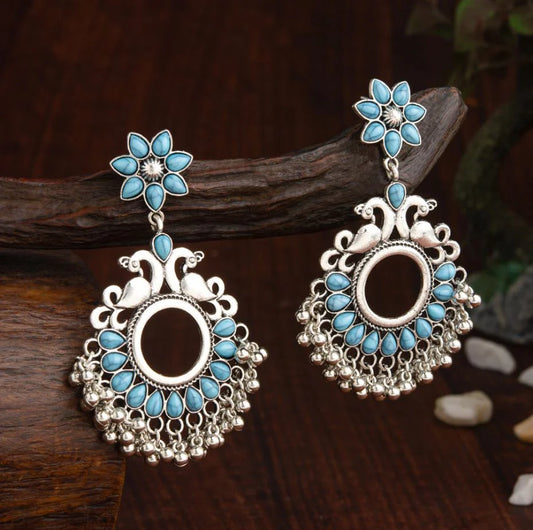 Plumvera World Oxidised Silver Peacock Kundan Jhumka Earrings