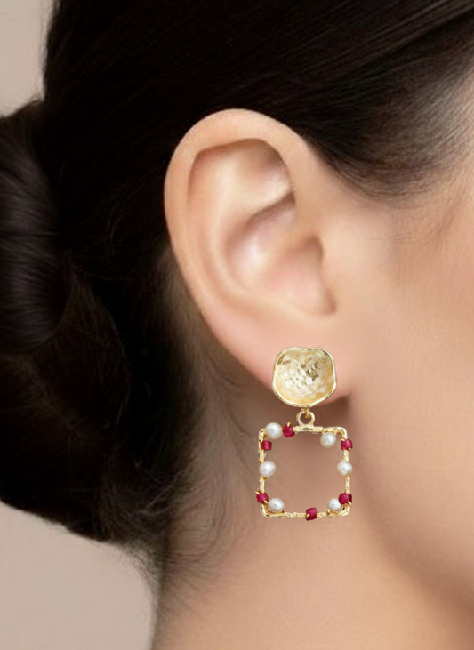 Plumvera 24 Carat Gold Plated Geometric Wire-Wrapped Freshwater Pearl Drop Earrings