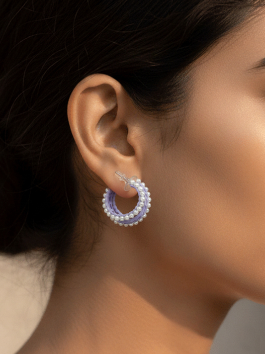 Plumvera Korean Purple & White Pearl Hoops Earring
