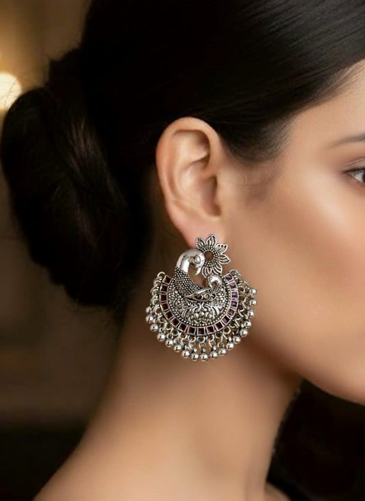 Plumvera World Elegant Peacock Enamel Silver-Plated Earrings