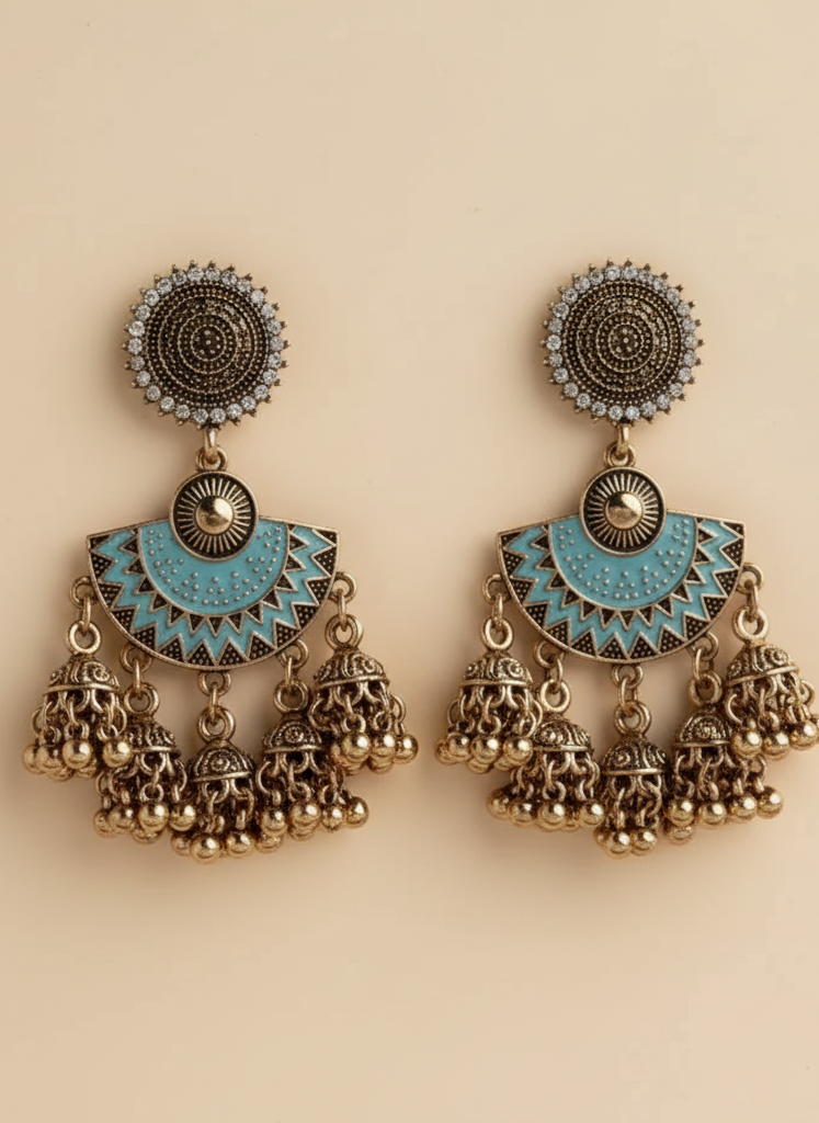 Plumvera World Floral Stone Enamel Artwork Antique Jhumki Earrings for Women