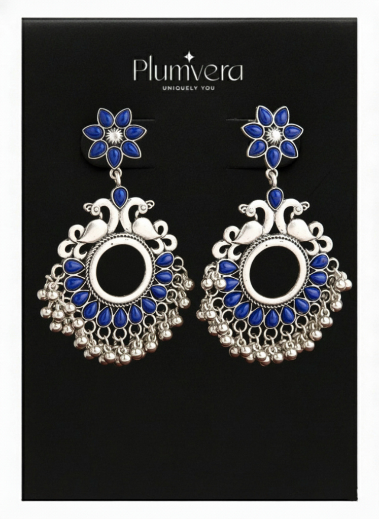 Plumvera’s Antique Oxidised Silver Peacock Jhumka Earrings
