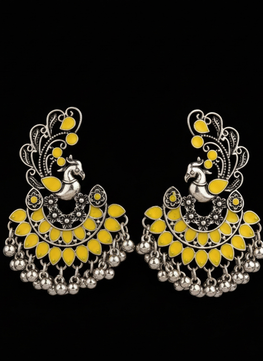 Plumvera World Exquisite Peacock Enamel Artwork Earrings in Yellow