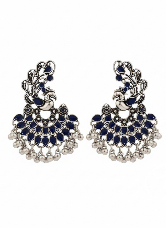 Plumvera World Exquisite Peacock Enamel Artwork Earrings In Dark Blue