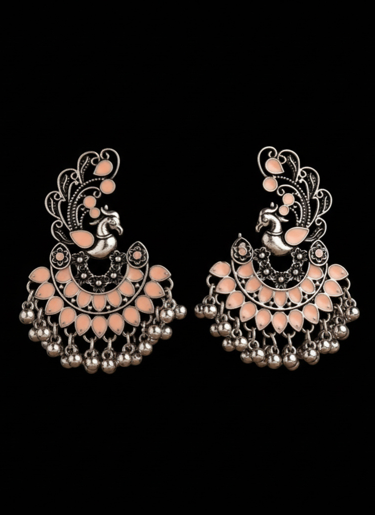 Plumvera World Exquisite Peacock Enamel Artwork Earrings In Peach
