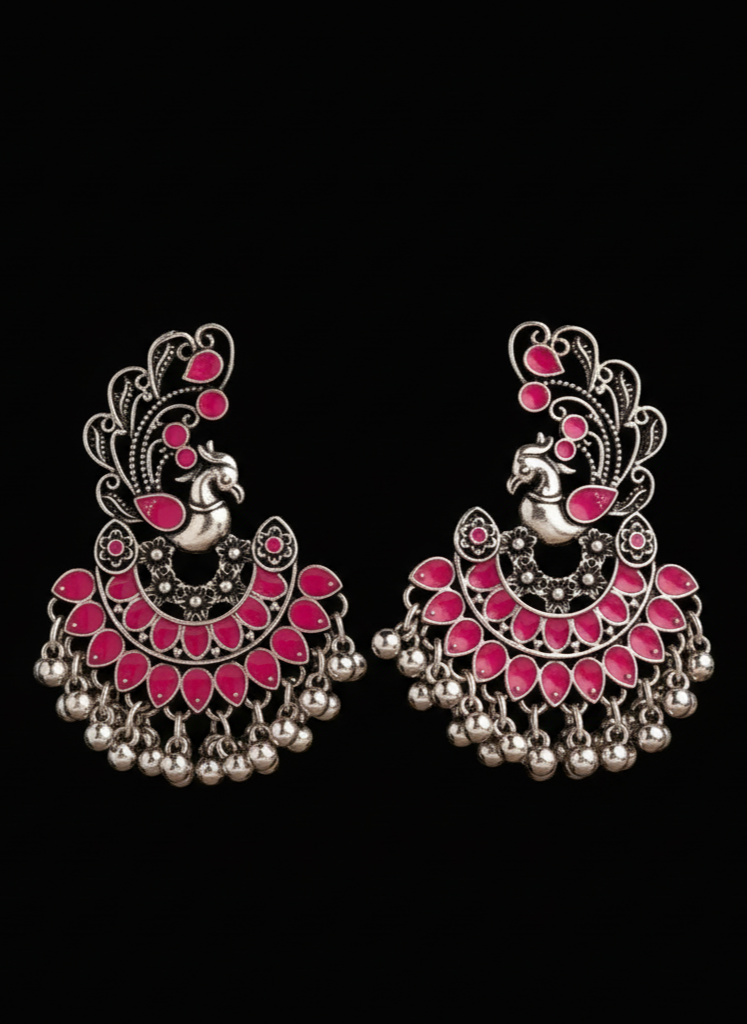 Plumvera World Exquisite Peacock Enamel Artwork Earrings In Pink