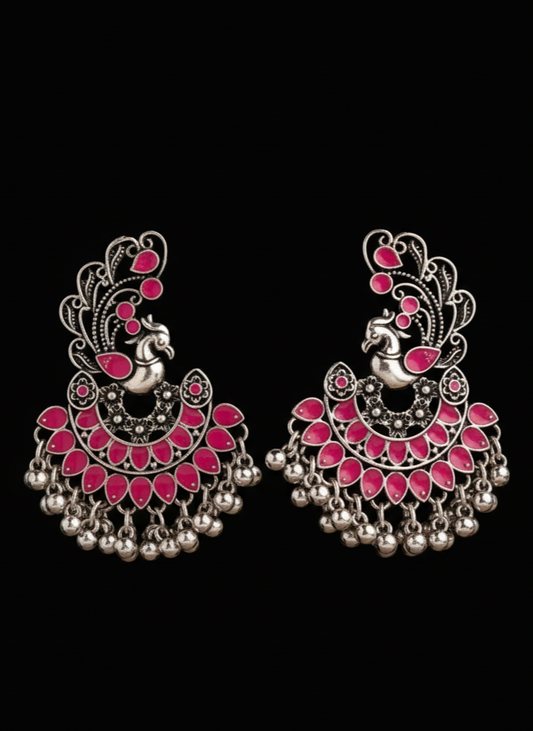 Plumvera World Exquisite Peacock Enamel Artwork Earrings In Pink