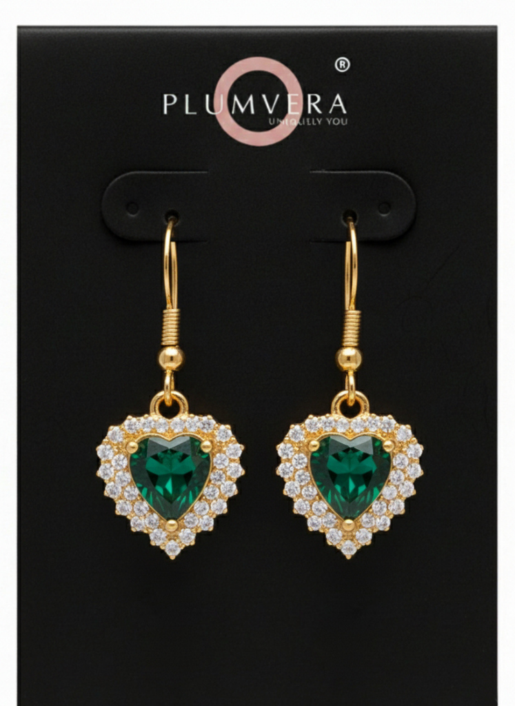 Plumvera World Golden Emerald Hearts Earrings