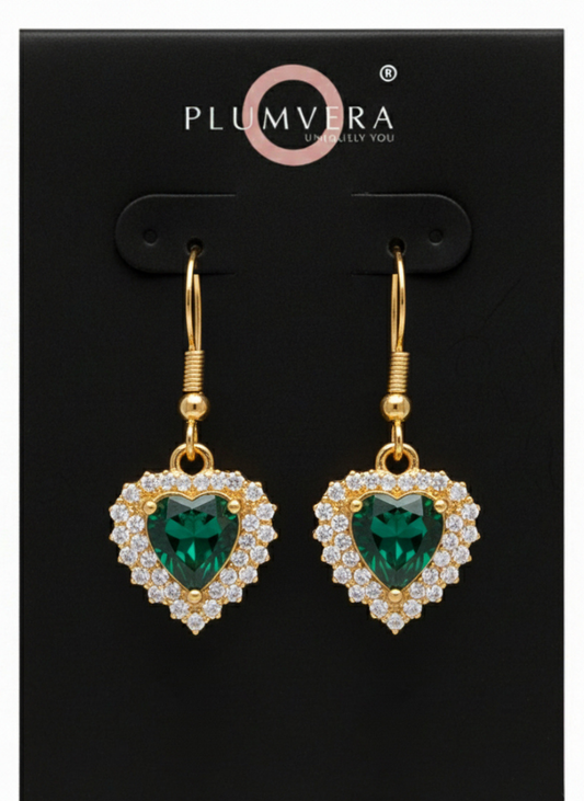 Plumvera World Golden Emerald Hearts Earrings
