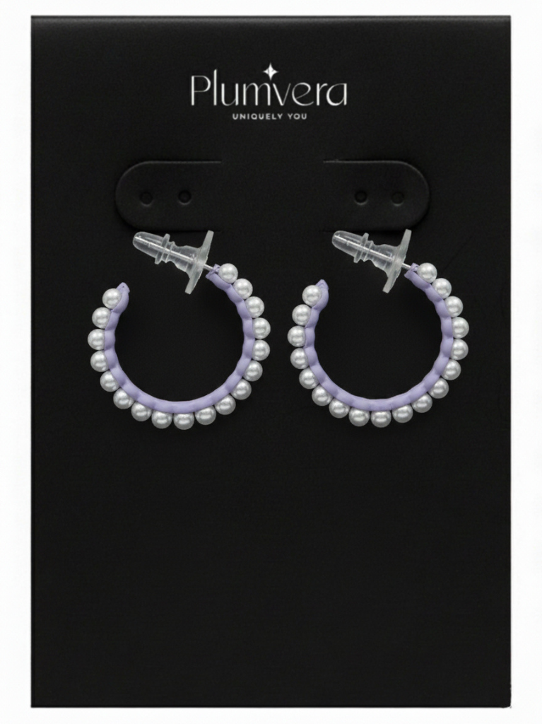 Plumvera Korean Purple & White Pearl Hoops Earring