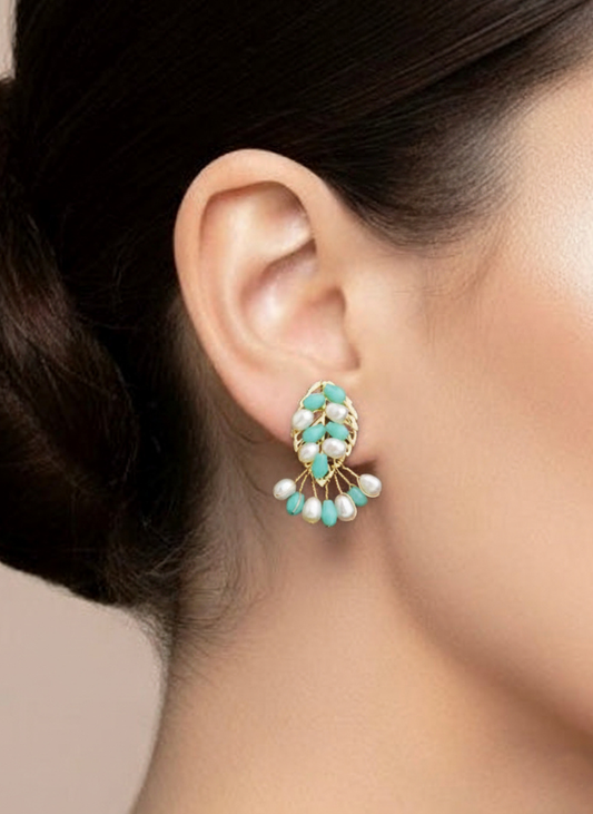 Plumvera 24 Carat Gold Plated Leaf-Shaped Freshwater Pearl Drop Earrings