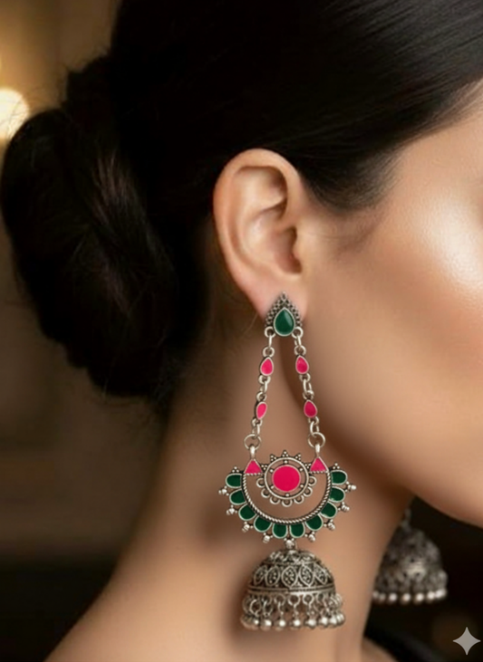 Plumvera Silver Plated Dual Colored Enamel Artwork Antique Earrings