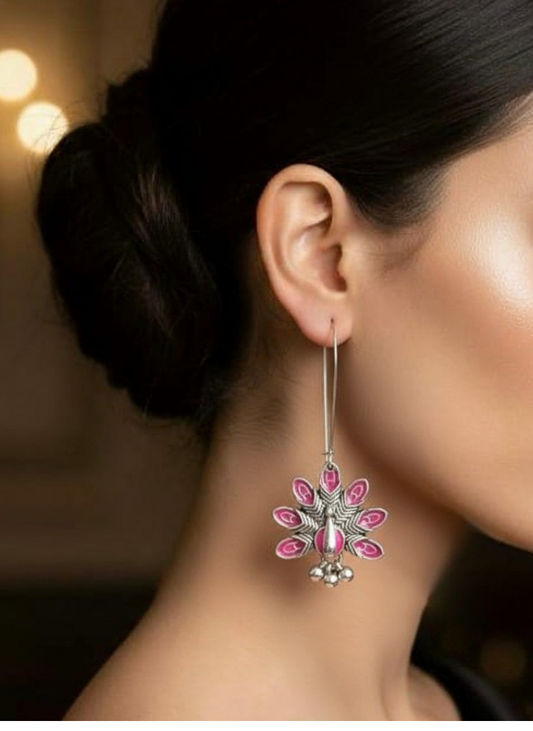 Hanging Peacock Enamel Artwork Antique Earrings In Silver & Pink
