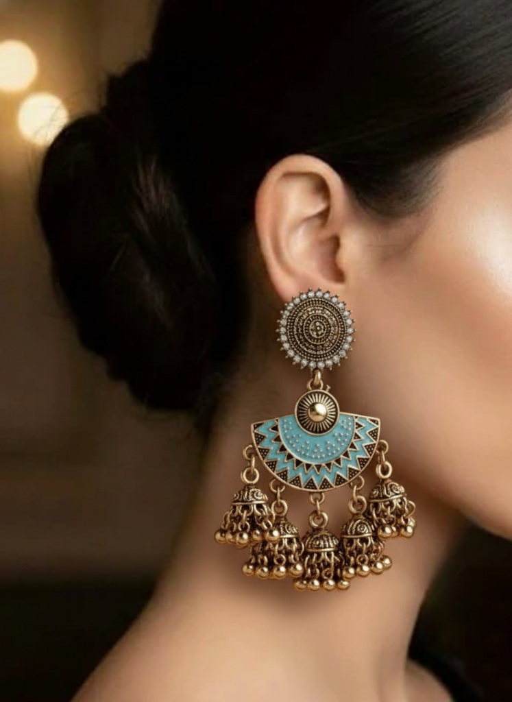 Plumvera World Floral Stone Enamel Artwork Antique Jhumki Earrings for Women