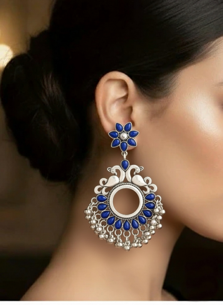 Plumvera’s Antique Oxidised Silver Peacock Jhumka Earrings