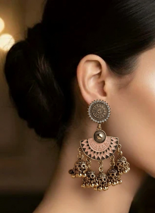 Plumvera World’s Floral Stone with Enamel Artwork Fashion Antique Jhumki Earrings In Peach