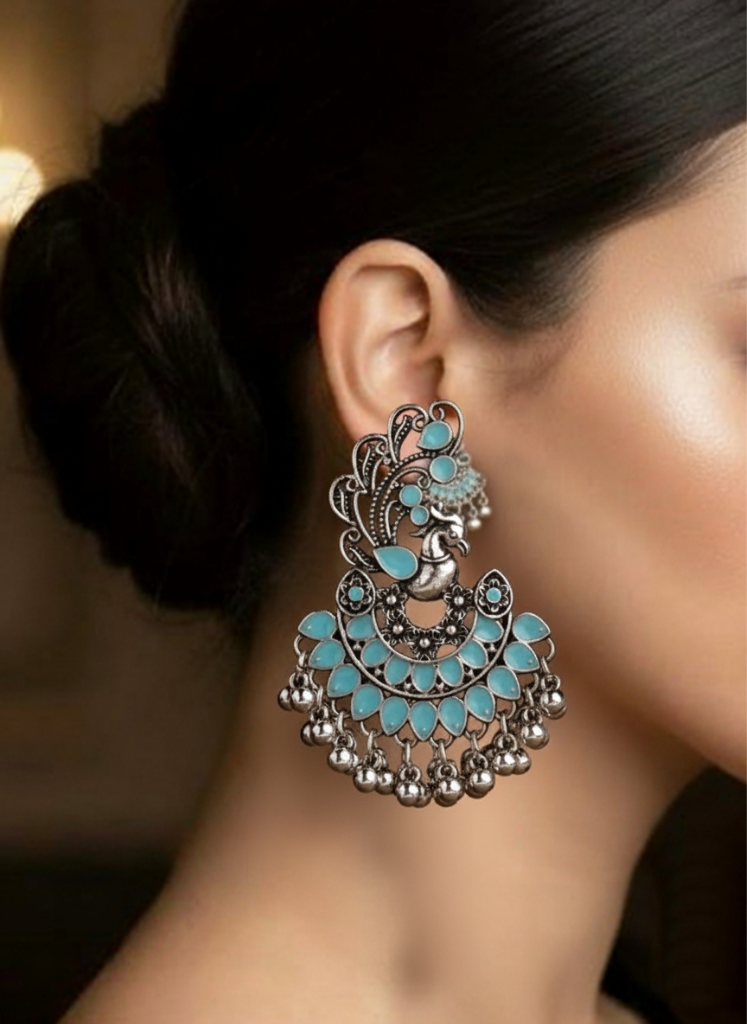 Plumvera World Exquisite Peacock Enamel Artwork Earrings In Blue