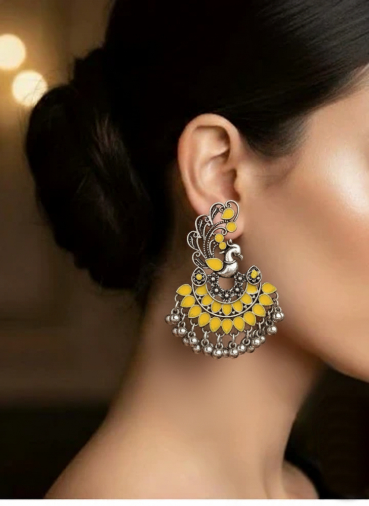 Plumvera World Exquisite Peacock Enamel Artwork Earrings in Yellow