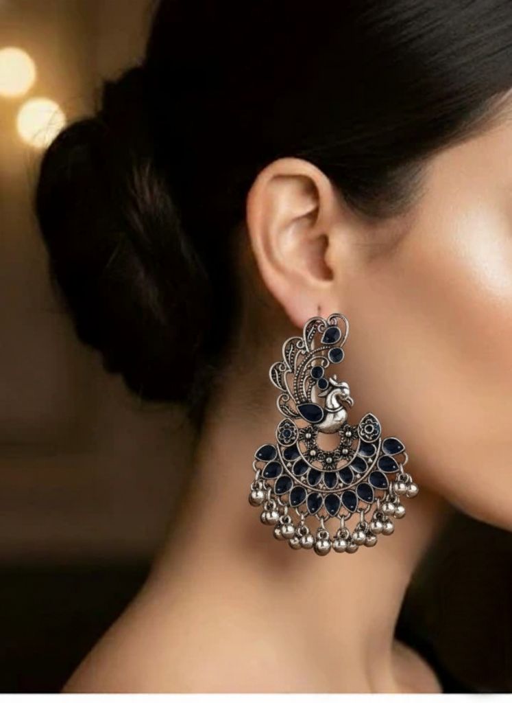 Plumvera World Exquisite Peacock Enamel Artwork Earrings In Dark Blue