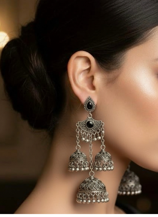 Plumvera World Antique Oxidized Silver Plated Black Stud With Triple Jhumki Earring