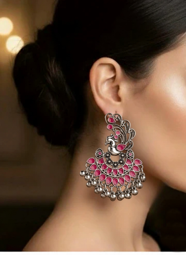 Plumvera World Exquisite Peacock Enamel Artwork Earrings In Pink