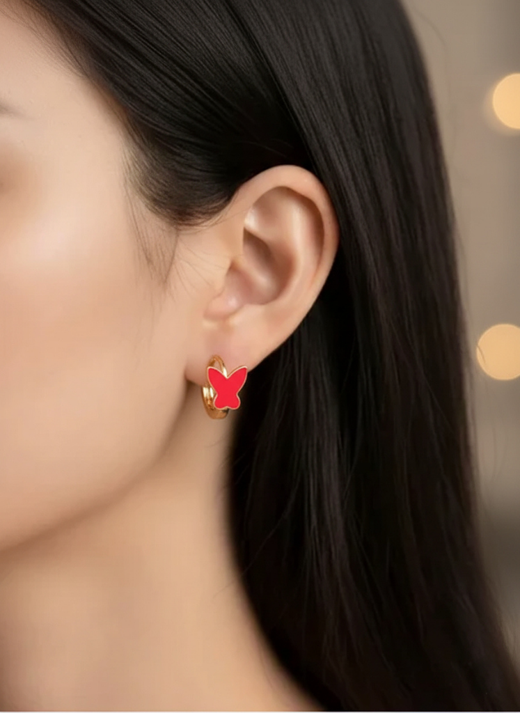 Plumvera World Butterfly Enamel Fashion Hoop Earrings In Pink