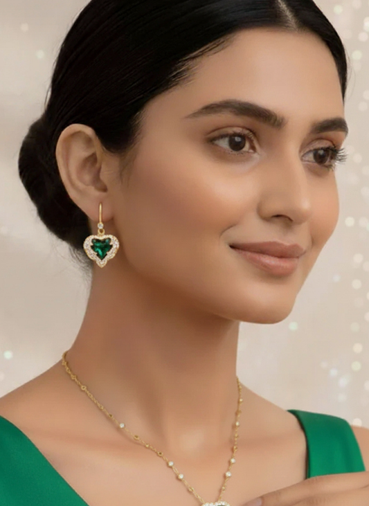 Plumvera World Golden Emerald Hearts Earrings
