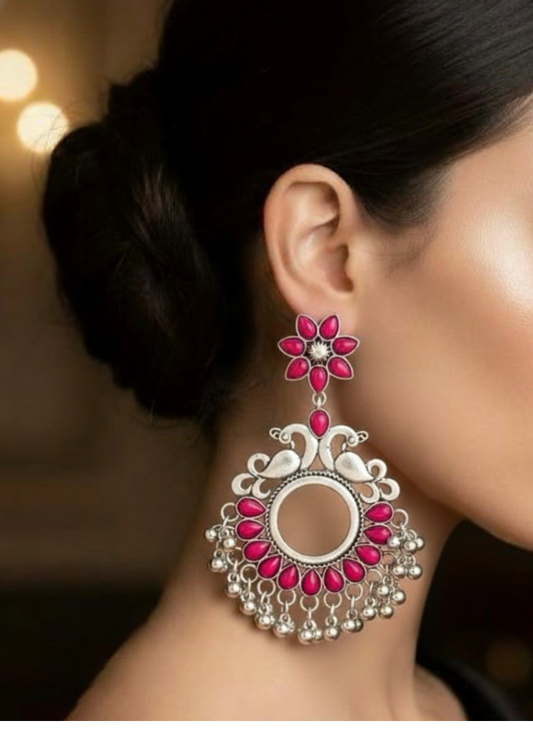 Plumvera World’s Oxidised Silver Plated Floral Peacock Kundan Studded Earrings