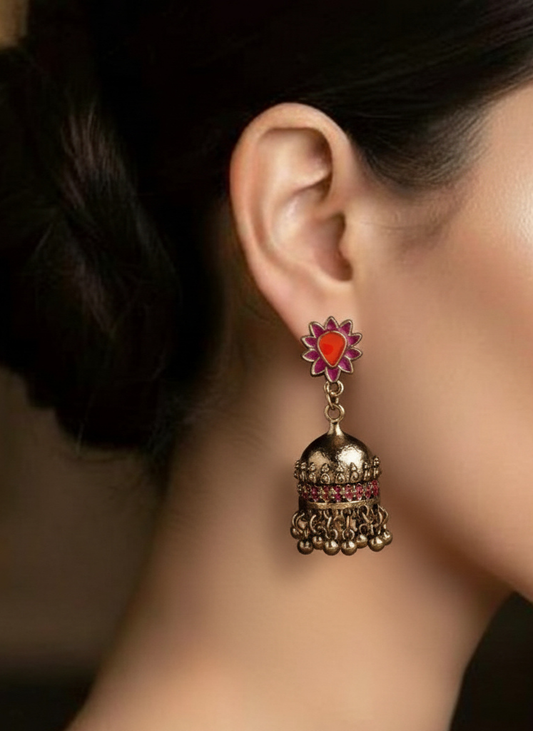 Plumvera Fashion’s Floral Dual Colored Enamel Artwork Jhumki Earrings