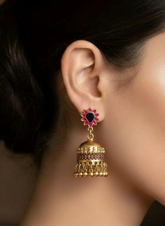 Plumvera’s Floral Design Dual-Colored Enamel Artwork Jhumki Earrings
