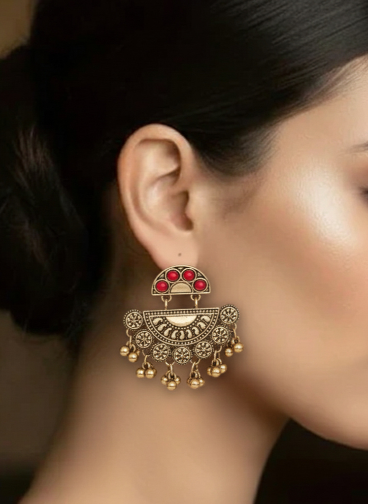 Plumvera’s Antique Gold Plated Earrings in Gold & Red