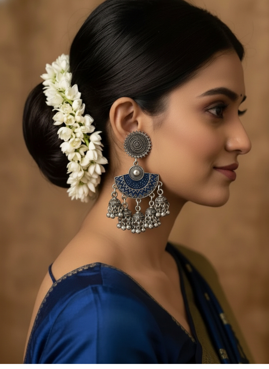 Plumvera World’s Silver Plated Floral Stone & Enamel Artwork Antique Jhumki Earrings